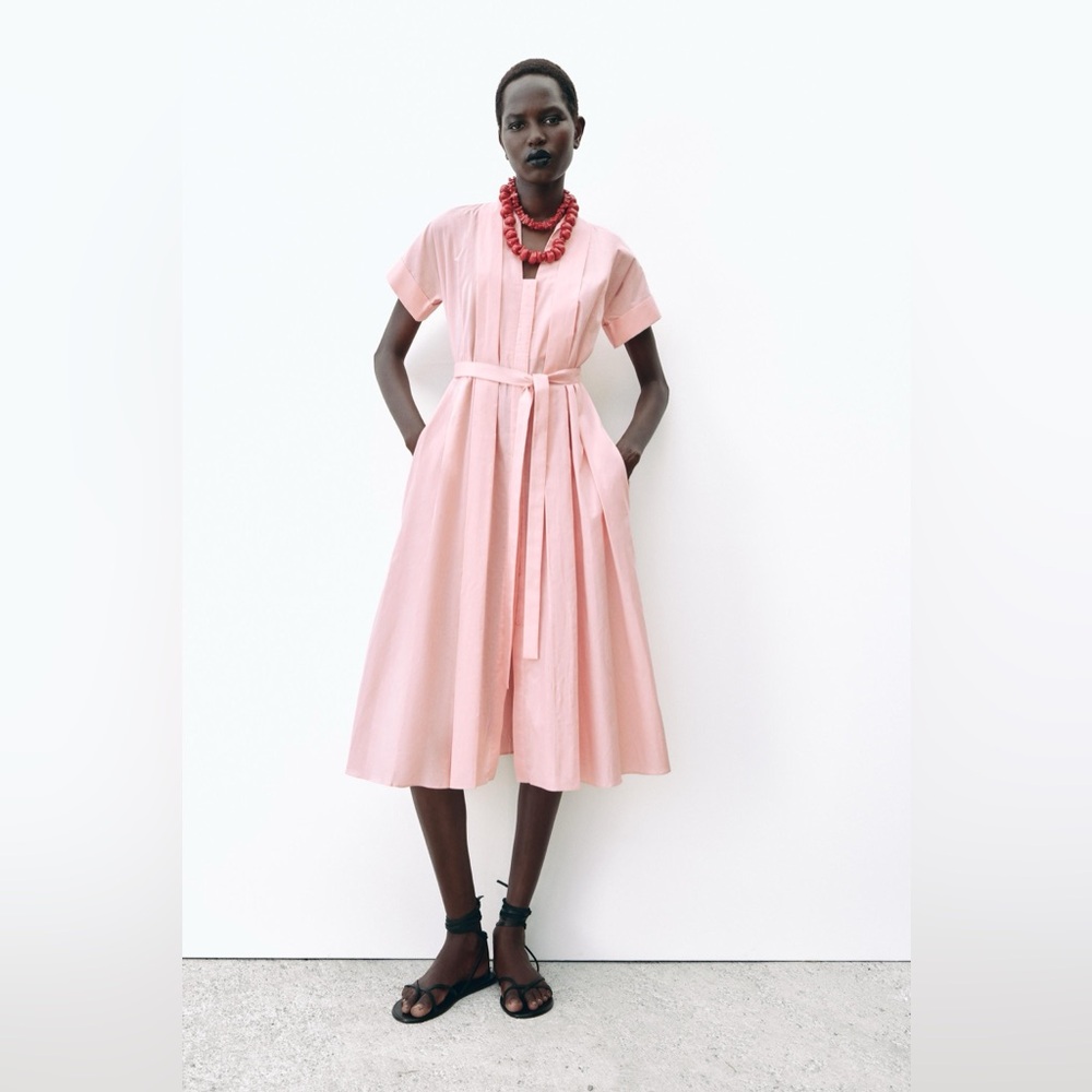 NEW ZARA FW24 WOMAN MIDI BELTED SHIRT DRESS ZW COLLECTION PINK | SIZE M - Picture 5 of 9